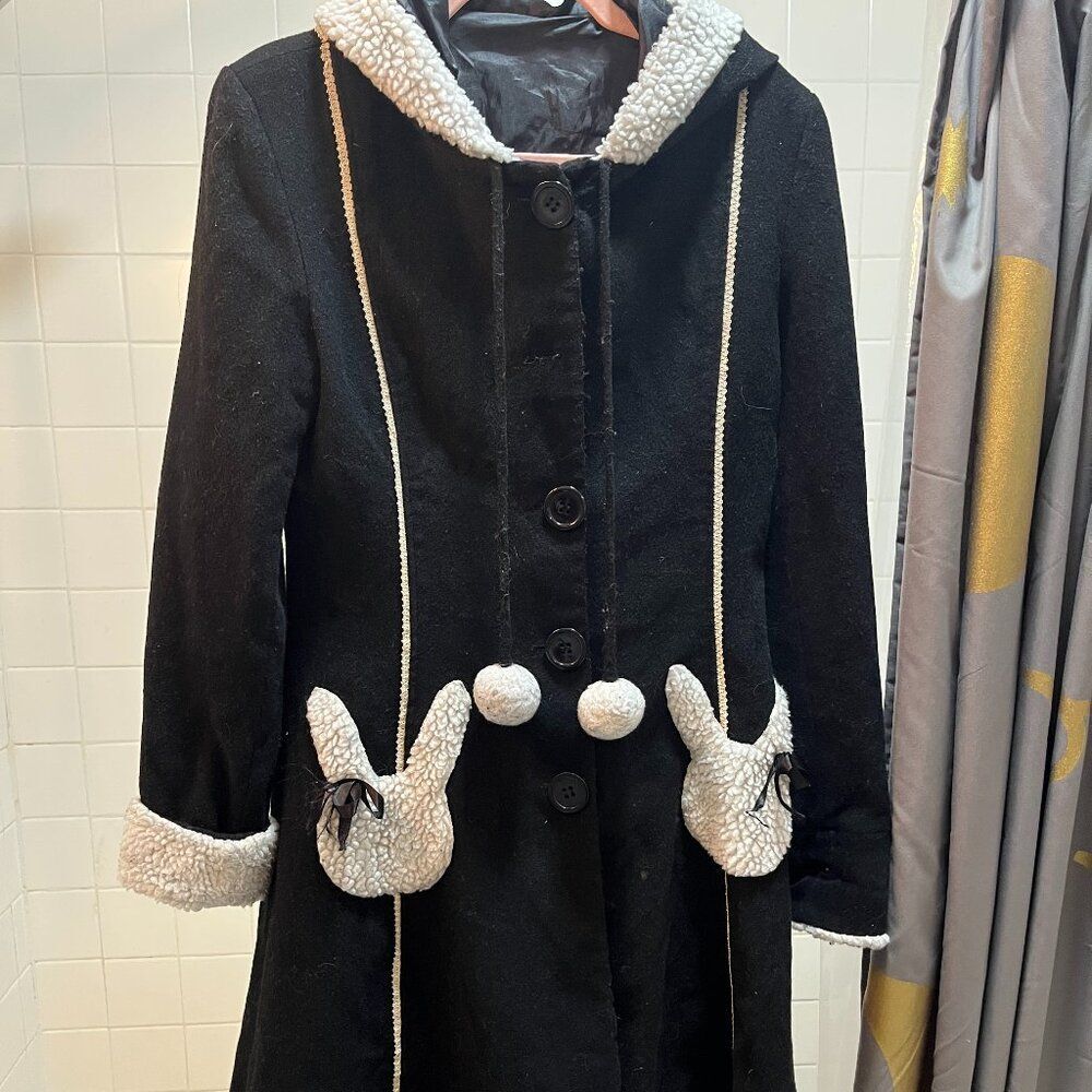 Vintage Y2K Kawaii Lolita Bunny Wool Black Goth Coat w. Ears & Sherpa Trim SMALL